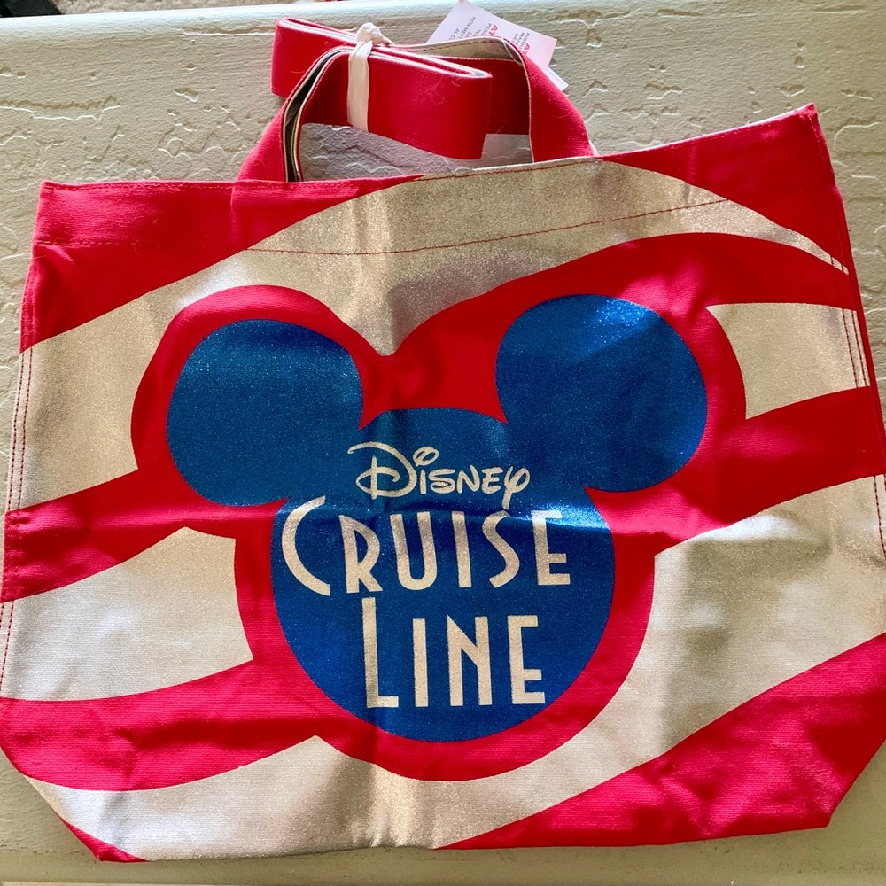 Disney Cruise Line Canvas Tote Bag Sparkle Glitter Metallic Red Blue Silver